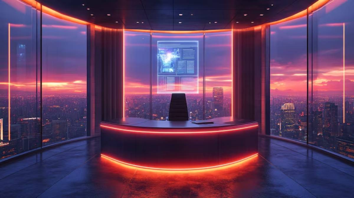 A modern, sleek office with a glowing circular desk, illuminated by vibrant neon lights, overlooking a cityscape at sunset.