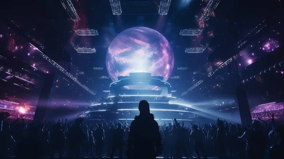 A silhouetted figure stands before a vibrant, cosmic scene with a large illuminated planet and a cheering crowd in a futuristic setting.