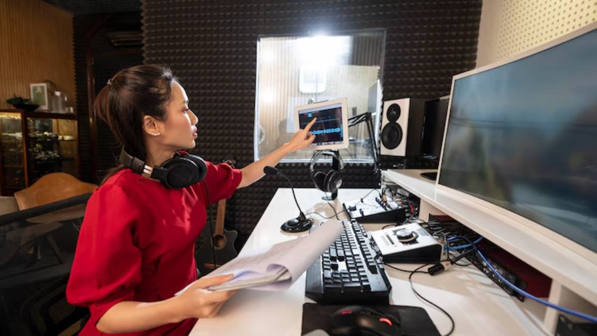 A person in a red shirt, wearing headphones, operates recording equipment in a soundproof studio, pointing at a monitor. 