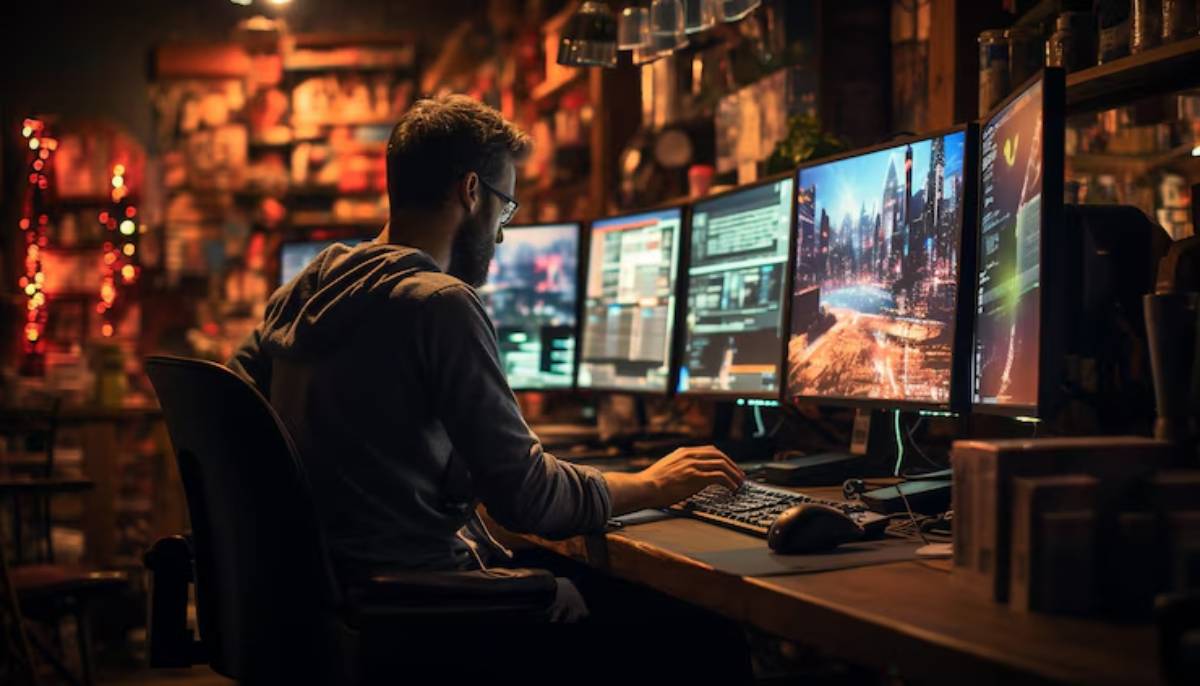 A person sits in a dimly lit room, focused on multiple computer screens displaying coding and a vibrant cityscape.