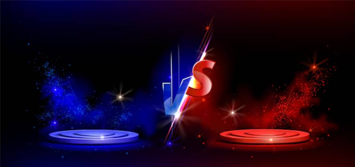 A vibrant graphic featuring blue and red podiums, with a striking "vs" in the center, set against a starry dark backdrop.