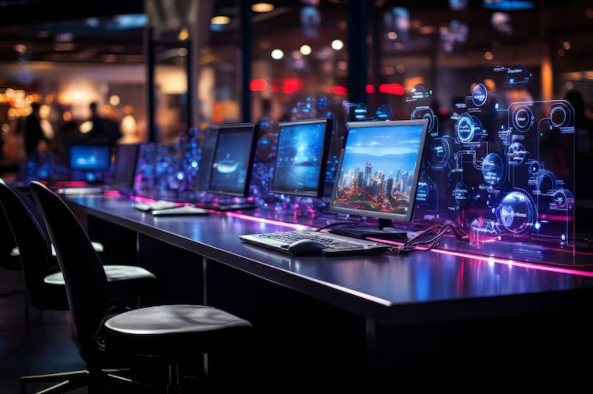 A modern tech workspace featuring sleek computers with digital displays, illuminated by colorful LED lights and data visualizations.