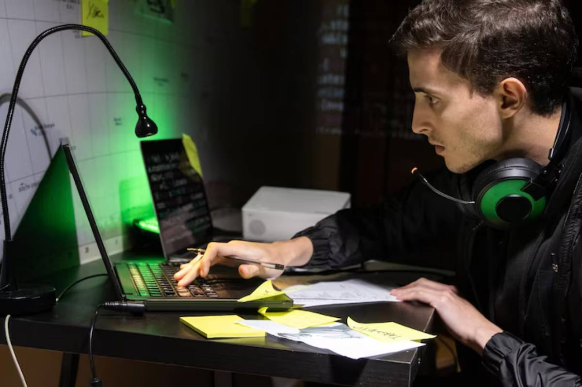 A person in a dark room works on a laptop with a pen in hand, surrounded by sticky notes and a desk lamp casting a green glow.