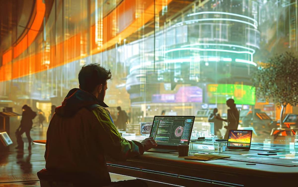 A person in a vibrant, futuristic setting works on a digital device, surrounded by neon lights and busy pedestrians in the background.