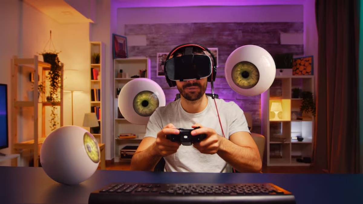 A gamer wearing headphones holds a controller, surrounded by oversized eyeball decorations, in a stylishly lit gaming room. 