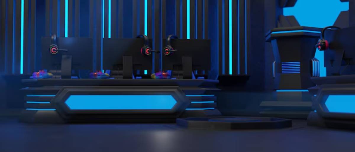 A modern gaming setup featuring three monitors with gaming headsets, illuminated by blue neon lights in a sleek environment.