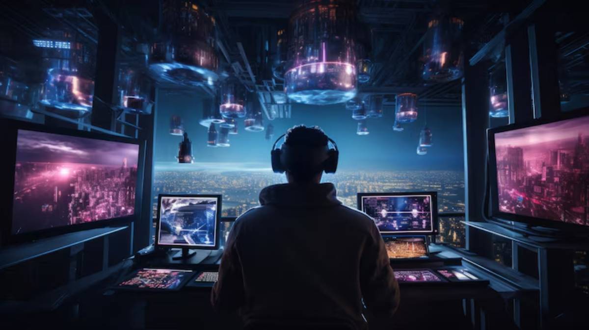 A person in a headset sits before multiple glowing screens, overlooking a futuristic cityscape adorned with colorful lights and floating elements.