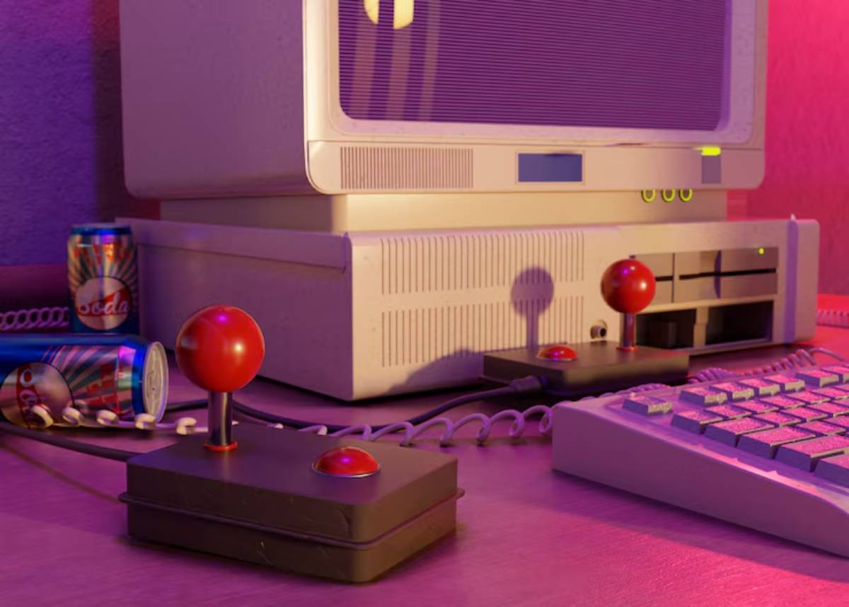 A retro computer setup featuring two red joystick controllers, a keyboard, and soda cans, illuminated in soft purple light.