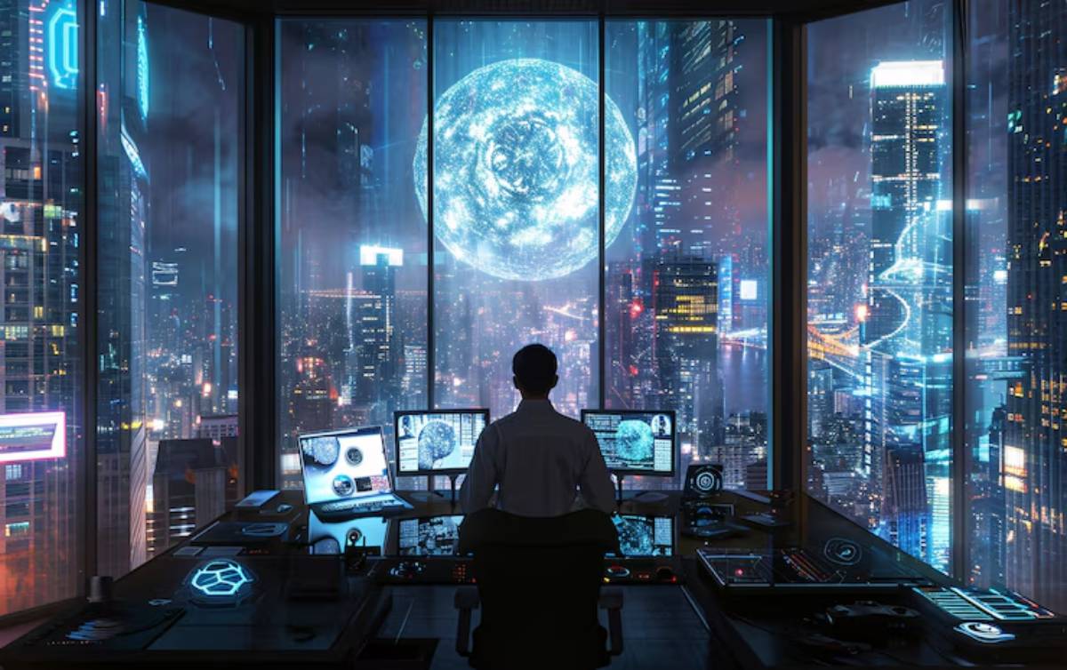 A person sits at a control center with multiple screens, overlooking a futuristic cityscape illuminated by a large, glowing moon.