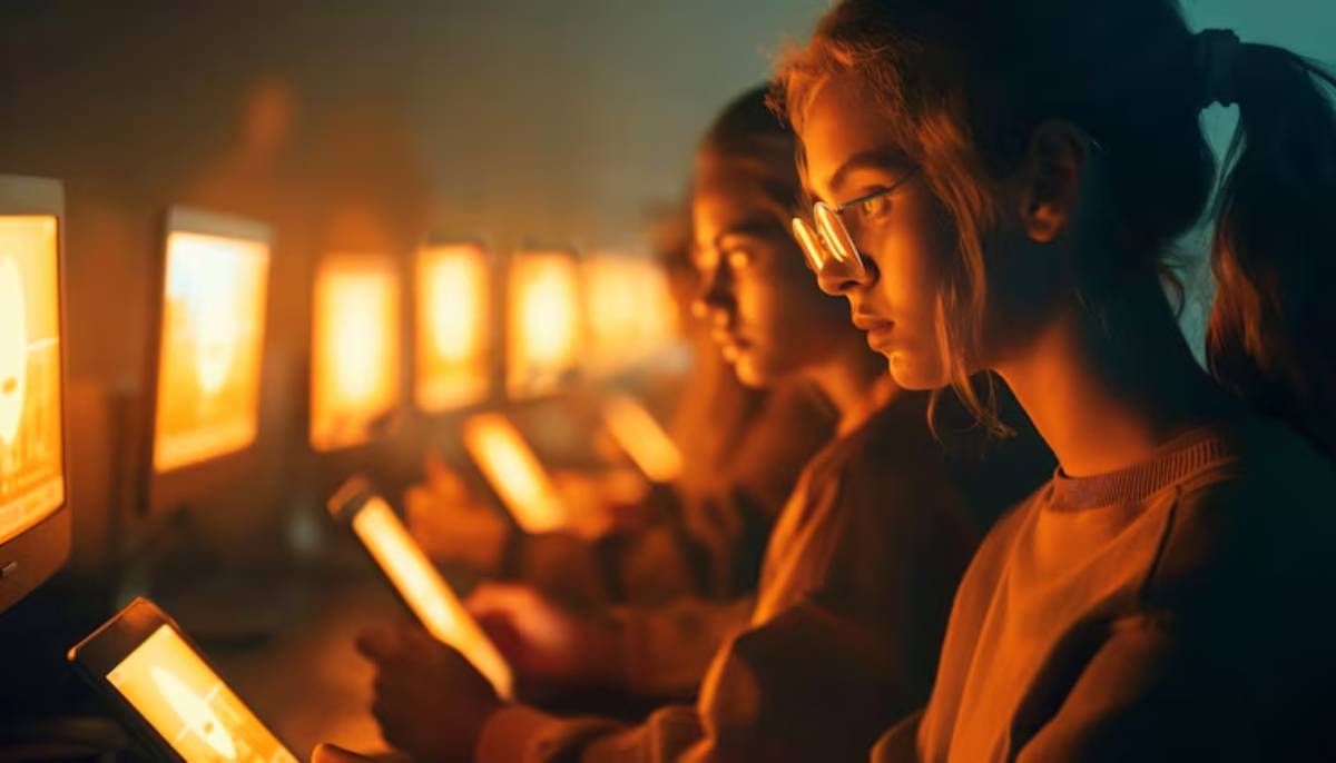 A dimly lit room filled with individuals engaged with glowing screens, creating a warm, focused atmosphere.
