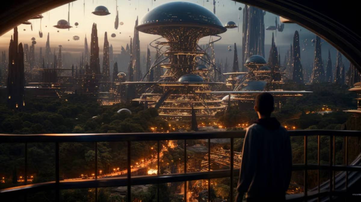 A person stands on a balcony overlooking a futuristic city with glowing structures and hovering platforms at sunset.