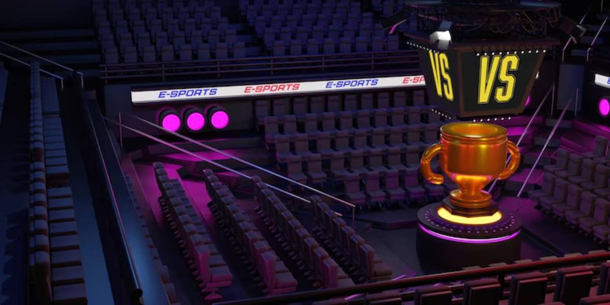 An empty e-sports arena featuring a large trophy, a "VS" sign, and illuminated seating in vibrant colors.
