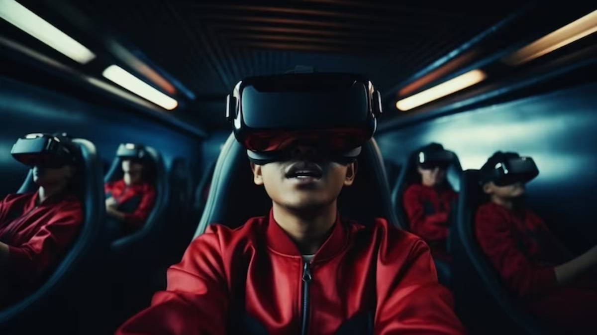 A group of individuals in red uniforms seated in futuristic chairs, all wearing virtual reality headsets in a dimly lit environment.
