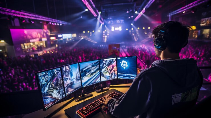 person sitting in front of computer on a stage and people  and lighting down there